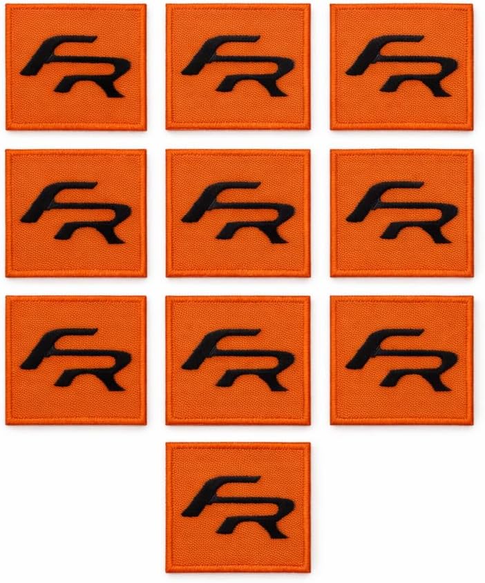 FR Logo Patch – 10 Pack 1.25" Embroidered Iron-On or Sew-On Patches – Square Badge – Red, Blue, Orange (Orange Black)