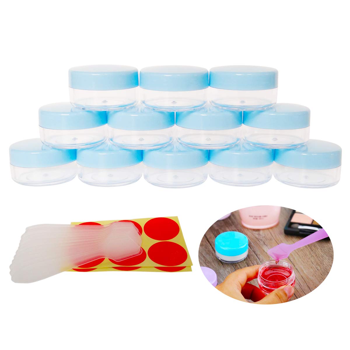 Wopanxye 12pack 10ml Makeup Sample Jars, BPA Free, Small Empty Cosmetic Container, Plastic Round Pot Blue Screw-up Cap Lid