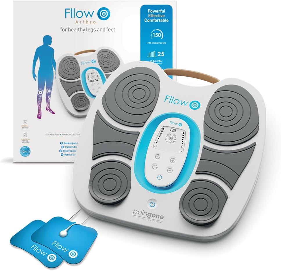 Paingone Fllow Arthro - Pain Relief Device for Feet & Legs – 150 Intensity Levels, 25 Waveform Patterns, Wireless Remote Control, 36-Hour Battery Life, Adhesive Pads for Targeted Knee & Leg Relief