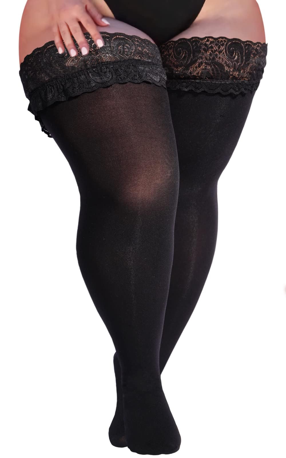 Plus Size Thigh High Stockings Women Sheer Lace Top Stay Up Pantyhose 55D Lingerie Thigh Highs