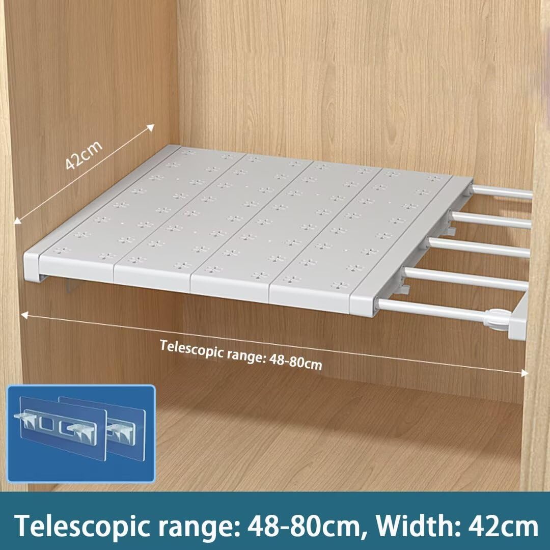 Estante extensible para armario, estantes expandibles, organizador de almacenamiento para armario, divisor de armario ajustable, separador de estante de tensión, ancho 42 cm, largo 48-80 cm