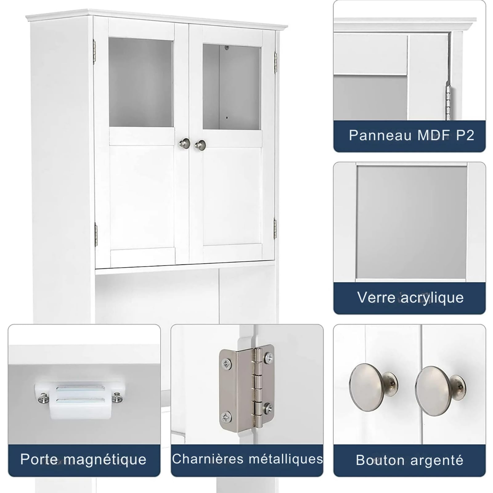 LEADZM Meuble de WC avec étagère réglable et Placard à 2 Portes Verre | Blanc