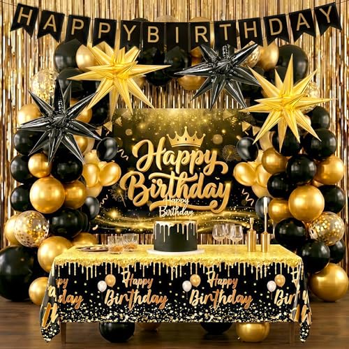 Black and Gold Birthday Decorations for Men Black and Gold Party Decorations with Backdrop Balloon Arch Kit Banner and Tablecloth 21st 30th 40th 50th Birthday Decoracion de Cumpleaos para Hombre