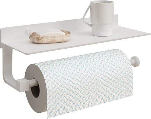 Soporte de pared para toallas de papel para baño, soporte para toallas de mano para baño, soporte para toallas de papel negro con estante (blanco)