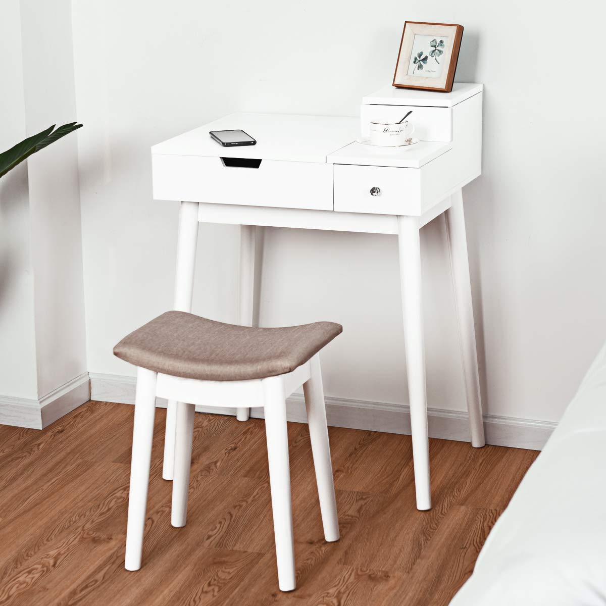 Giantex Vanity Table Set with Flip Top Mirror and Cushioned Stool, Folding Top Flip Mirrored Large Storage Organizer for Home Bedroom Bathroom, Makeup Dressing Table Set with 2 Drawers, White