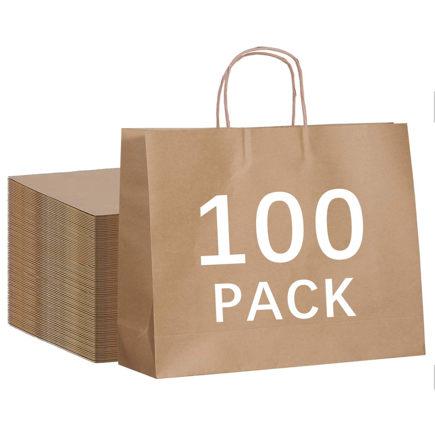 vanhel 100 PCS Large Paper Bags with Handles 16 x 6 x 12 Inches,Large Gifts Bags with Handles bulk, Shopping Bags, Party,Retail,Merchandise,Favor,