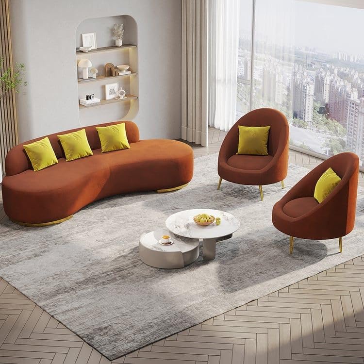 Image of LEGACY OF COMFORT Tara Upholstered Curved Sofa Living Room Set 3 Seater Sofa with 2 Chairs (Orange)