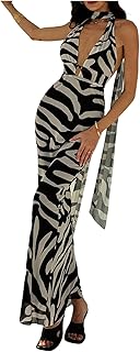 Women's Zebra Print Draped Backless Halter Dress Sexy Deep V Neck Fitted Mesh Maxi Dresses - Buy now