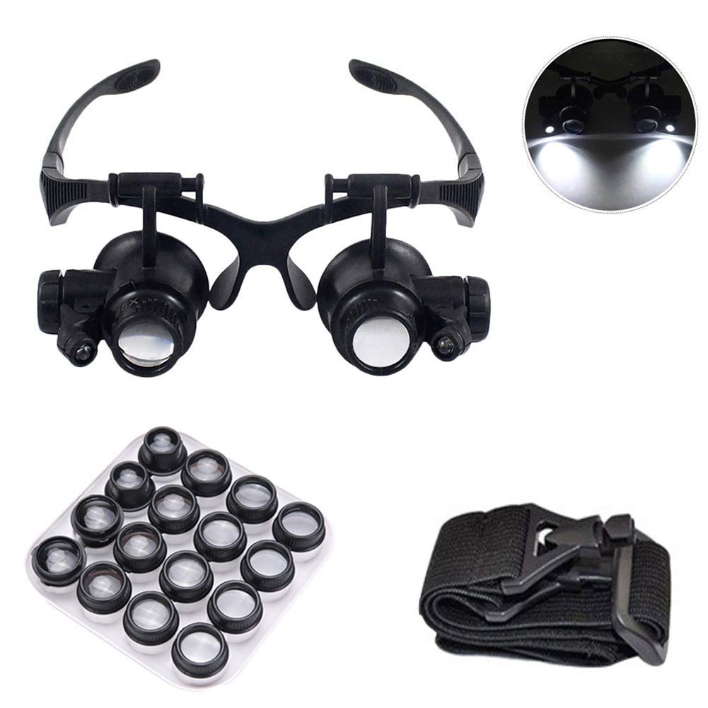 asdchZen Magnifier,Head Mount Magnifier With 2 Light Bracket And Headband Interchangeable Handsfree Reading 8 Replaceable Lenses 2.5X 4X 6X 8X 10X 15X 20X 25X For Professional Jewelry