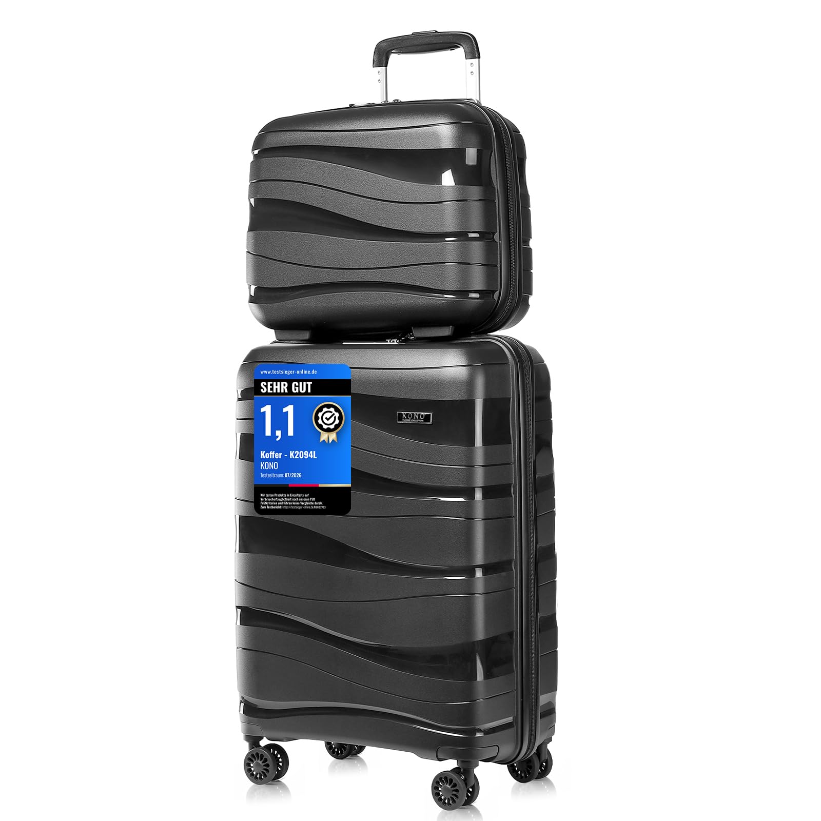KONO Gepäckset 2-teilig Handgepäck Koffer Trolley 55cm + Kosmetikkoffer aus Polypropylen Hartschale, Koffer mit 4 Rollen und TSA Schloss (Schwarz)