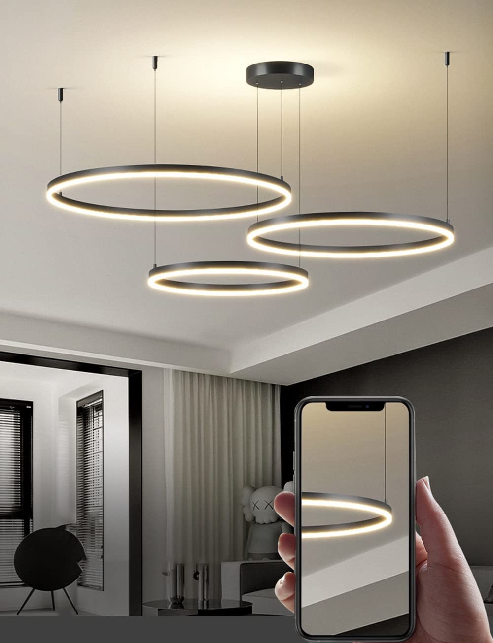 Moderne LED Pendelleuchte, 3-Ringe Kollektion, Black Farbe, Verstellbarer HäNgeleuchter, Moderne Deckenleuchte, mit Fernbedienung Dimmbar, 3000k - 6000k, mit Speicherfunktion, 68w