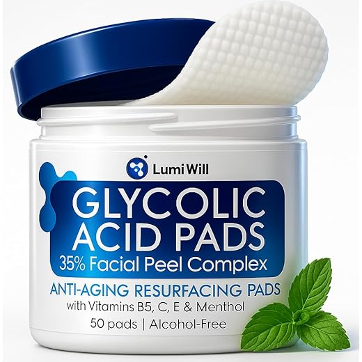Glycolic Acid Pads 35% - Peel Pads with Natural Glycolic Acid, Vitamin B5, C, E - Works for Dark Spots, Acne, Breakouts and Reduces Fine Lines & Wrinkles - Anti-Aging Glycolic Facial Peel Treatment