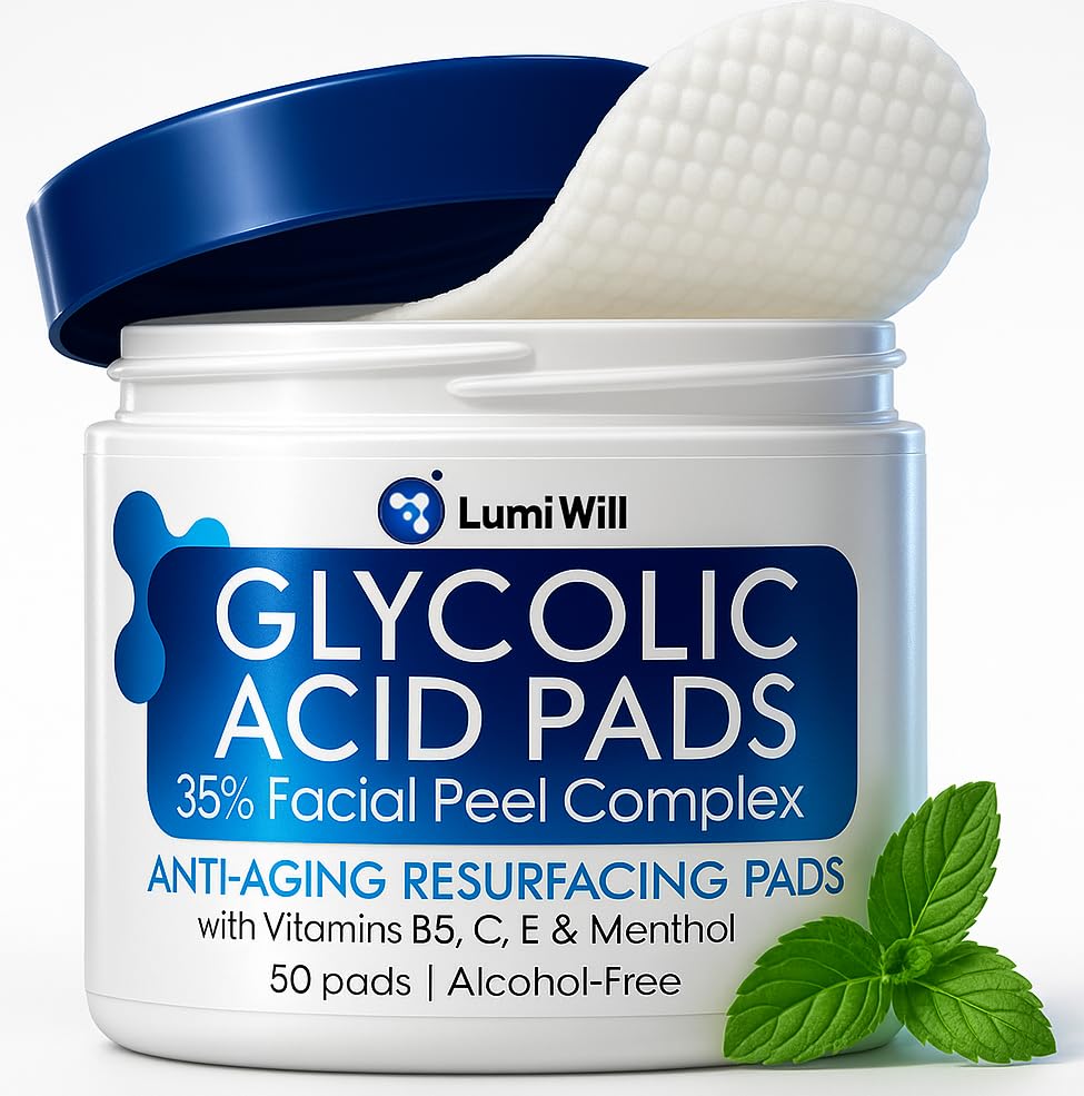 Glycolic Acid Pads 35% - Exfoliating Face Pads with Vitamins B5, C, E & Green Tea - Resurfacing Acid Exfoliator for Uneven Tone & Texture - At-Home Chemical Exfoliant for Face - 50 Pre-Soaked Pads