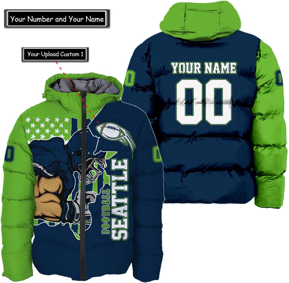 Personalized Seattle Football Team Seahawks Men's Hooded Puffer Jacket