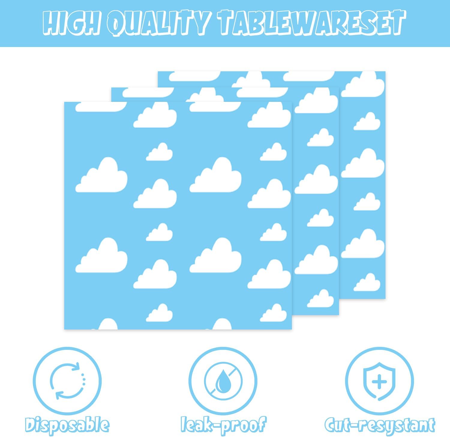 141Pcs Blue Sky White Clouds Birthday Party Decorations for 20 Guests Cartoon Supplies White Clouds Plates and Napkins Forks Cups Straws Tablecloth for Baby Shower Birthday Party Decorations - Image 3