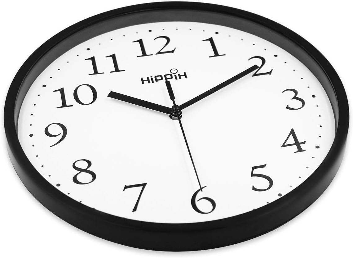 HIPPIH Black Wall Clock Silent Non Ticking Quality Quartz, 10 Inch Round Easy to Read for Home Office School Kitchen Clock