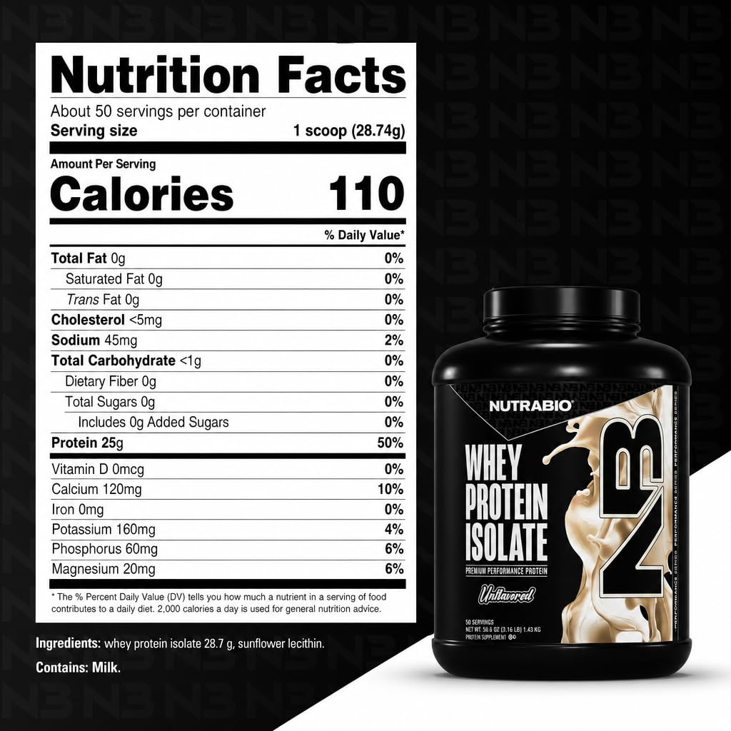 NutraBio 100% Whey Protein Isolate Protein Powder, 25g Protein with Complete Amino Acid Profile, Non-GMO, Soy & Gluten Free, Low Carb, Low Calorie Whey Protein Powder, Raw Unflavored, 50 Servings — Amazon image 8