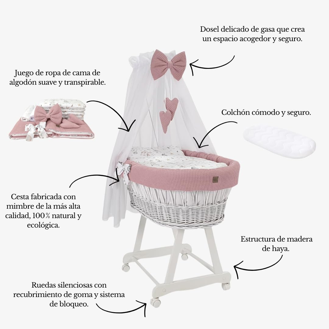 Wiklinopol Moisés con dosel Lena – Moisés de mimbre con estructura – Cesta para bebé en color blanco, juego completo con 5 piezas, ropa de cama de conejito rosa – con ruedas, portátil, segura