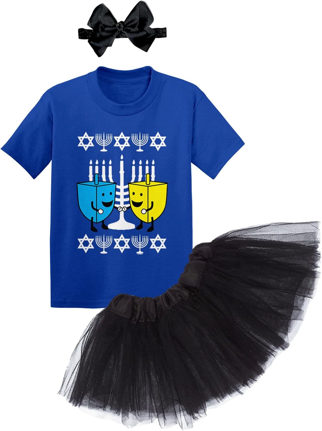 Happy Dreidels - Hanukkah Menorah Lights Baby Bodysuit + Tutu Skirt + Bow Headband Set