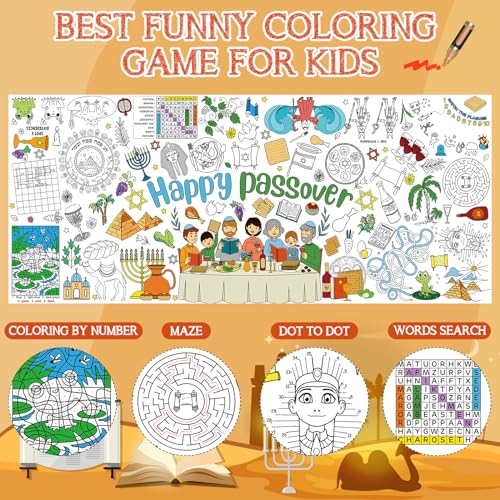 Image of Happy Passover Large Coloring Tablecloth Poster for Kids, Pesach Jumbo Coloring Paper Poster Sheets, Passover Color-in Craft Activities for Kids Festive Seder Party Supplies Decorations, 30 x 72Inch