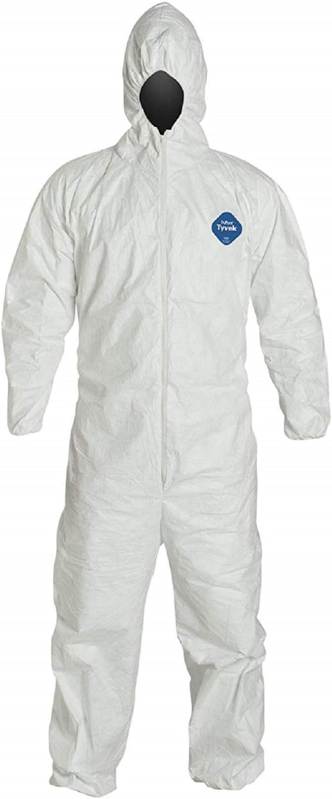 TY127S Tyvek Fabric Protective Coverall with Hood, Disposable, Elastic Cuff 4XL White 1 Pack