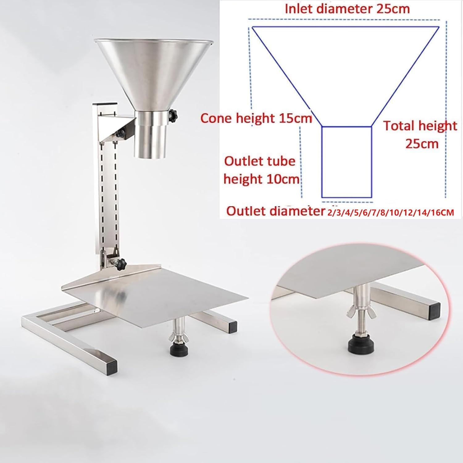 Futtertrichter aus Edelstahl mit Halterung und Tablett, 50 kg Tragkraft, höhenverstellbar, ideal für Pulver-, Flüssigkeits- und Granulatverpackungen