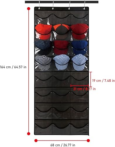 Miniatura 5 de Perchero para gorras de béisbol, organizador de 24 bolsillos sobre la puerta con bolsillos profundos transparentes para mostrar la colección de