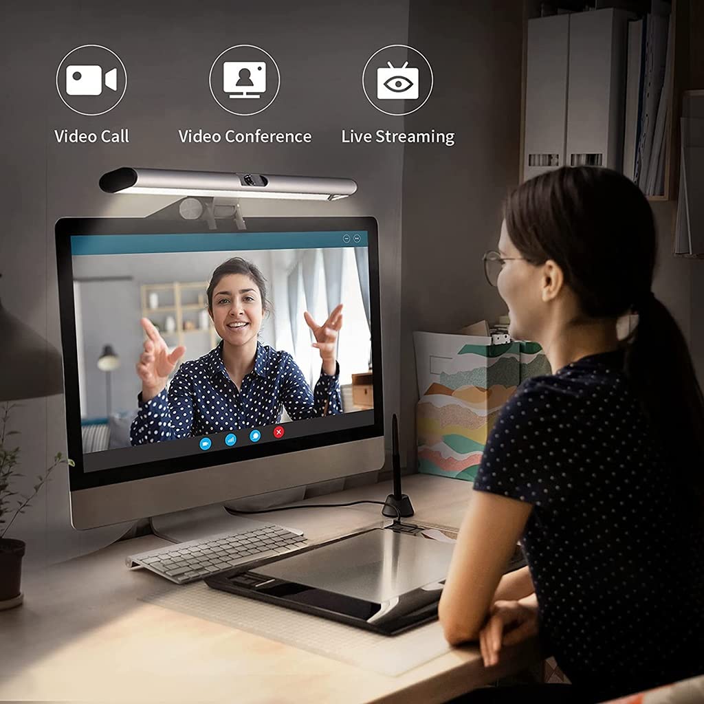 Lámpara de Monitor de Computadora con Cámara 1080P HD Cámara Web, Lámpara de Trabajo LED de Lectura Electrónica, Sensor Tactil, Sin Deslumbramiento Luz de Monitor Alimentada por USB