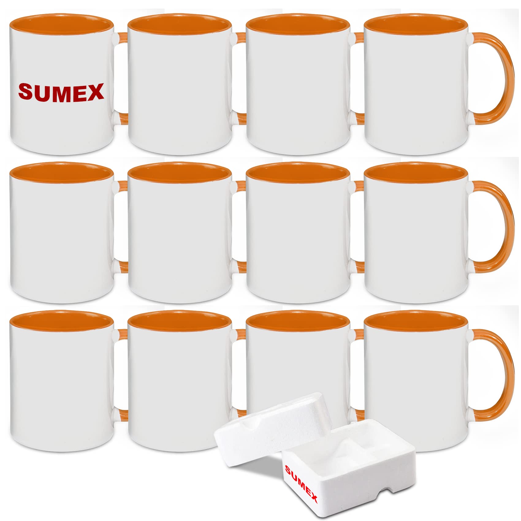 Juego de 12 tazas blancas de sublimación color interior (naranja)