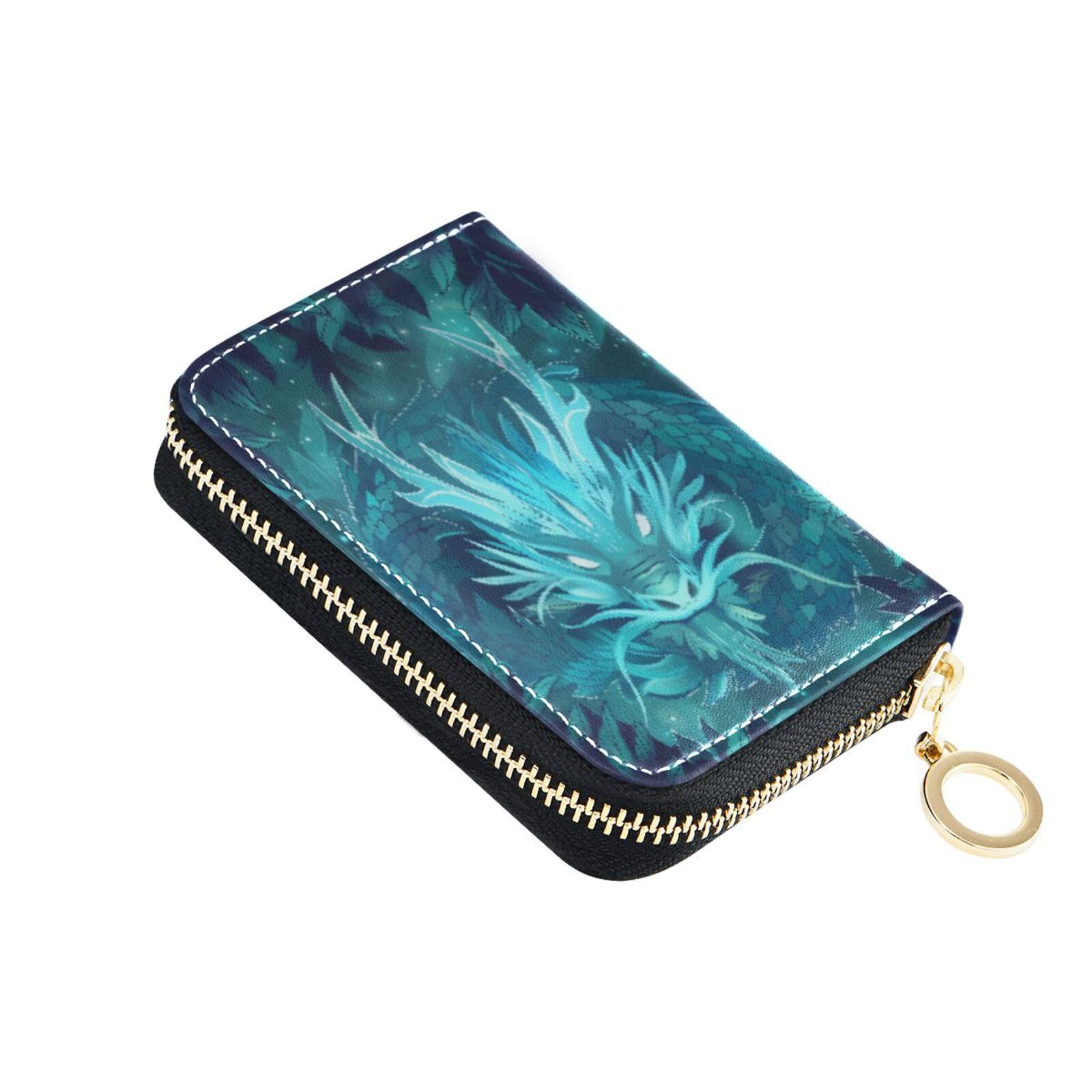 Sletend Mythical Dragon Dinosaur RFID Credit Card Holder Leather With Zipper Card Case Wallet for Women Girls