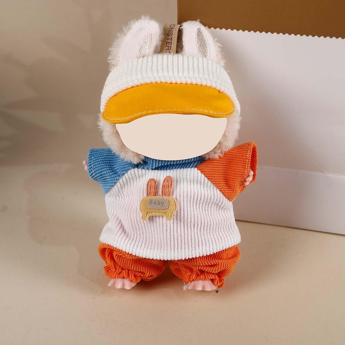 Compatible with Labubu 15cm/17cm (NO Doll) - Orange & Blue Color Block Corduroy Outfit Set (Hat + Top + Pants) with Bunny Patch, Doll Clothing Accessories