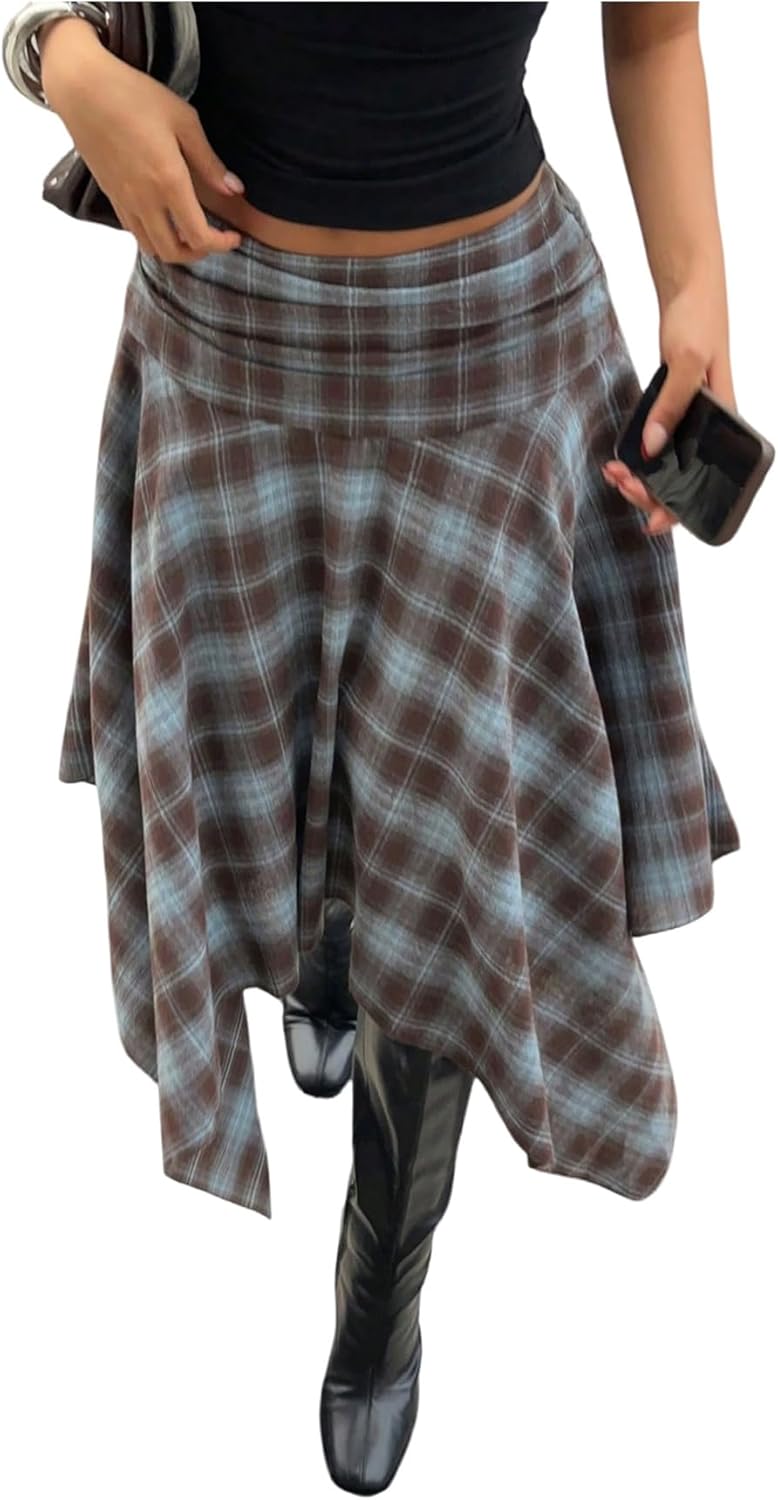 GORGLITTER Women's Plaid Skirts Ruched Elastic Low Waist Asymmetrical Hem Y2K Maxi Skirt Western Cowgirl Outfits
