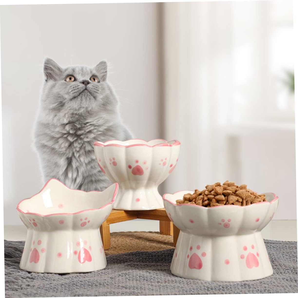 2pcs Elevated Cat Bowl Set Ceramic Neck Protection Bowls for Food Water Non-Tip Design Height Raised for Cats and Kittens