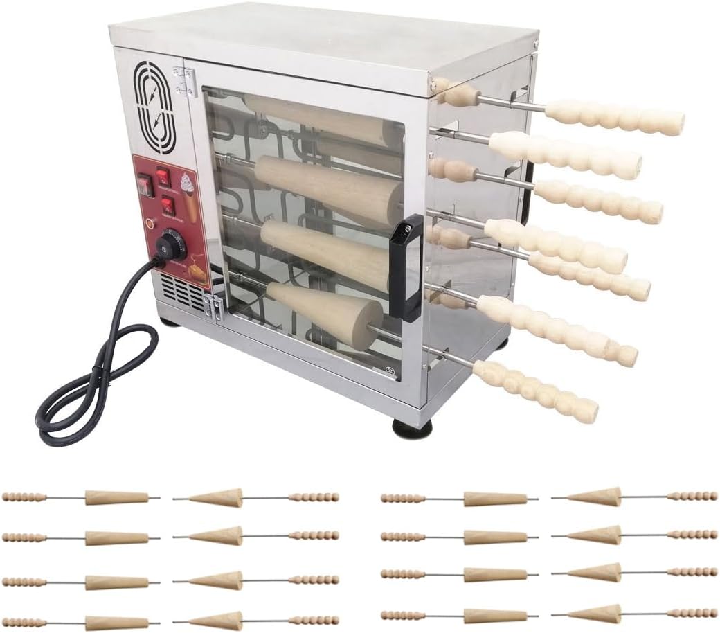 INTBUYING Commercial Electric Ice Cream Cone and Chimney Cake Roll Maker, 8-Station Baking Oven with 16 Interchangeable Dies, 110V 3200W Toasting Oven for Chimney Cake and Bread Rolls, NO Plug