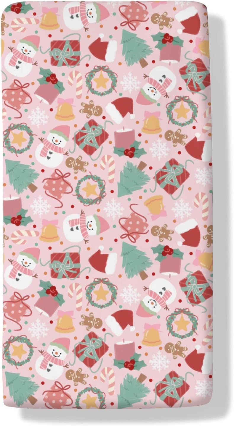 Pink Snowman Baby Crib Sheets Santa Hat Christmas Tree Candy Gift Baby Sheet Winter Holiday Festive Fitted Crib Mattress Cover for Standard Crib and Toddler Mattress 28"x52"