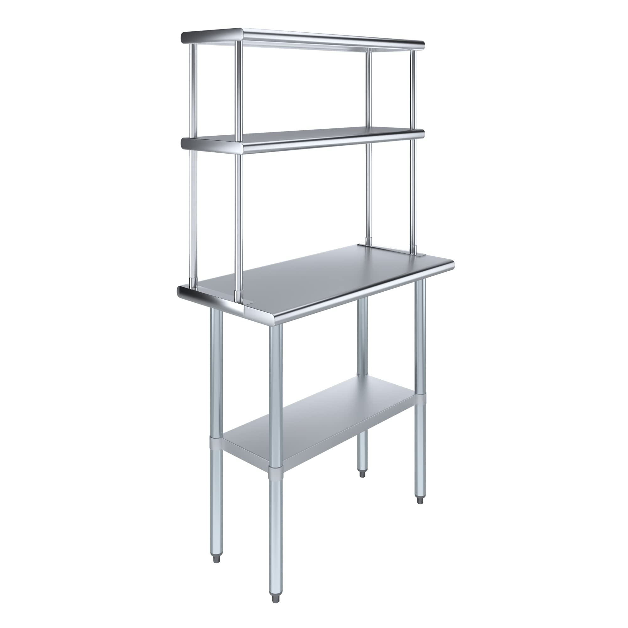AmGood Stainless Steel Work Table with 12" Wide Double Tier Overshelf | Metal Kitchen Prep Table &amp; Shelving Combo | NSF (Stainless Steel Table with Double Overshelves, 36" Long x 18" Deep)