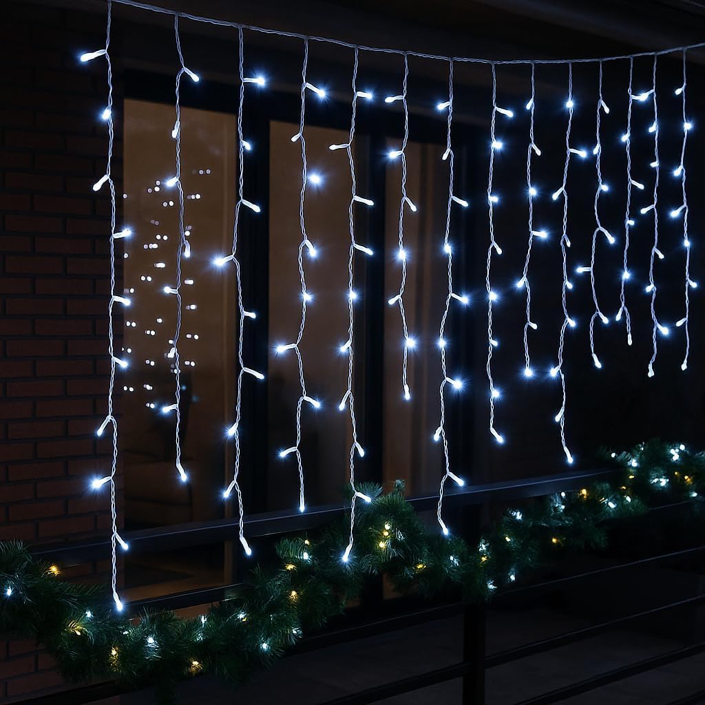 Elektronova Zasłona świetlna, 200 diod LED, 5 m, białe światło, biały kabel, IP65, przedłużana, efekt białego błysku, z jednolitymi przewodami 50 cm, girlandą bożonarodzeniową, sklepami, balkonem