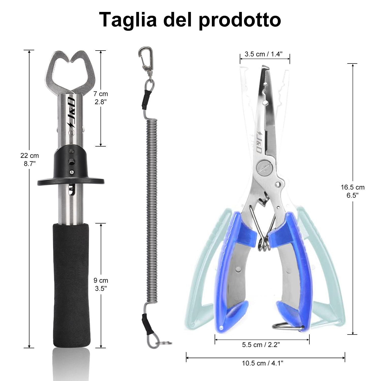 J&D Pesca Pinze e Pesce Labbra Gripper Imposta, Multifunzionale Inossidabile Acciaio Pesca Pinza Attrezzi Gancio Rimozione Strumento con Sicurezza Arrotolato con Fodera e Cordino