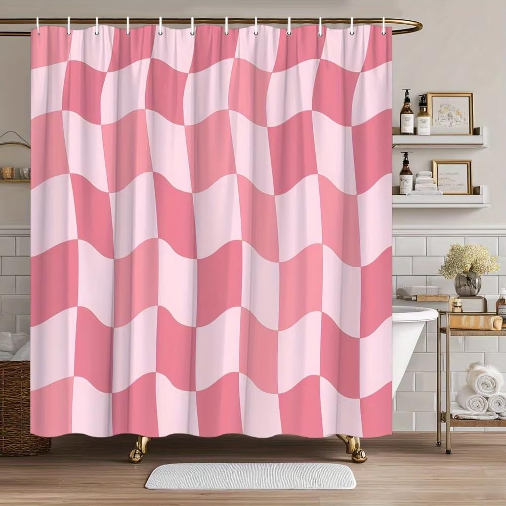 KELAIMI Wavy Checkered Shower Curtain,Modern Farmhouse Aesthetic Bathroom Curtains,Simple Quick-Dry Bathtub Curtains with Hooks Pink 90X180Cm