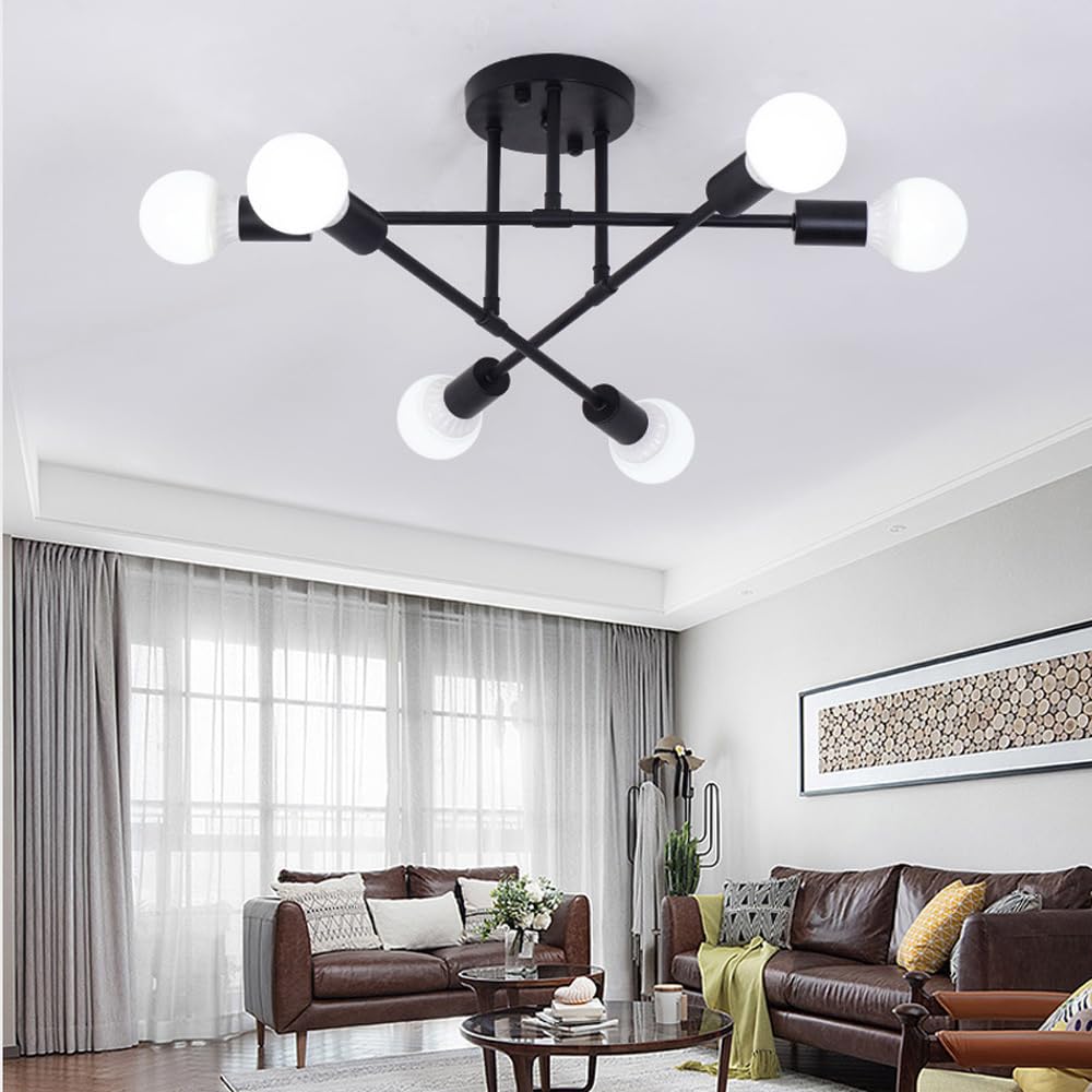 LYMSXAZOU Creative Retro Chandelier Light Fixture Semi Flush Mount Pendant Ceiling for Living Room Bedroom Dining Kitchen Office - Stylish Black Design