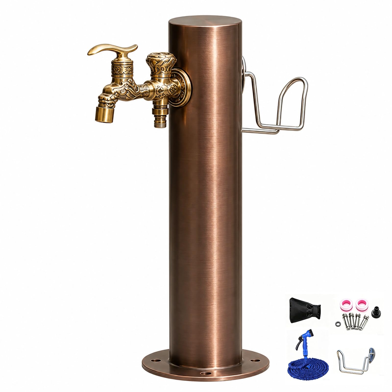 Antique Copper Garden Water Column, Frost Proof Yard Hydrant with Dual Brass Spigots and Hose Hanger for Backyard(5x86cm/2x34in)
