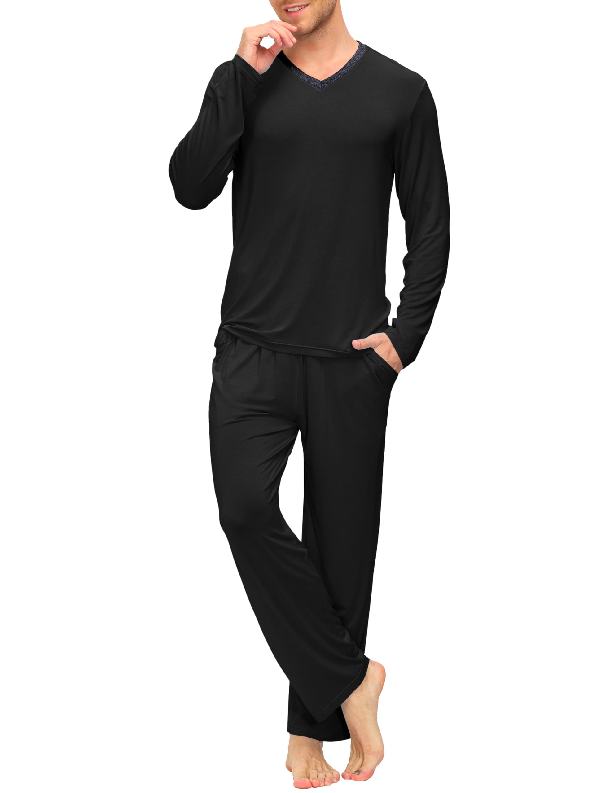 MoFiz Tweedelig lange pyjamaset voor heren, zachte nachtkleding, lange mouwen, bamboe, sleepwear met V-hals, zwart (01), XL