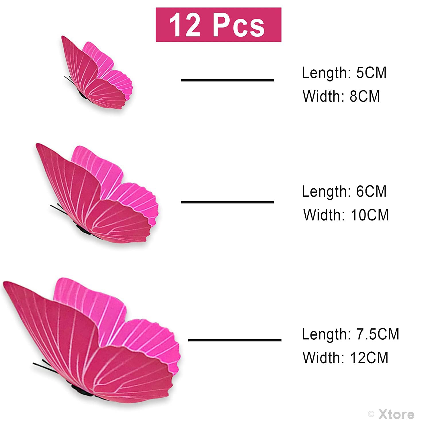 Xtore 12pcs 3D Home Decor Pink Butterfly | Beautiful Decor Item | Comes with Sticking pad - (Set of 12, Shaded Pink) 2