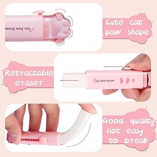 Vista 3 de Borradores en forma de pata de gato, 4 borradores retráctiles Kawaii con 4 piezas de borrador Papermate con diseño de goma para niños y niñas