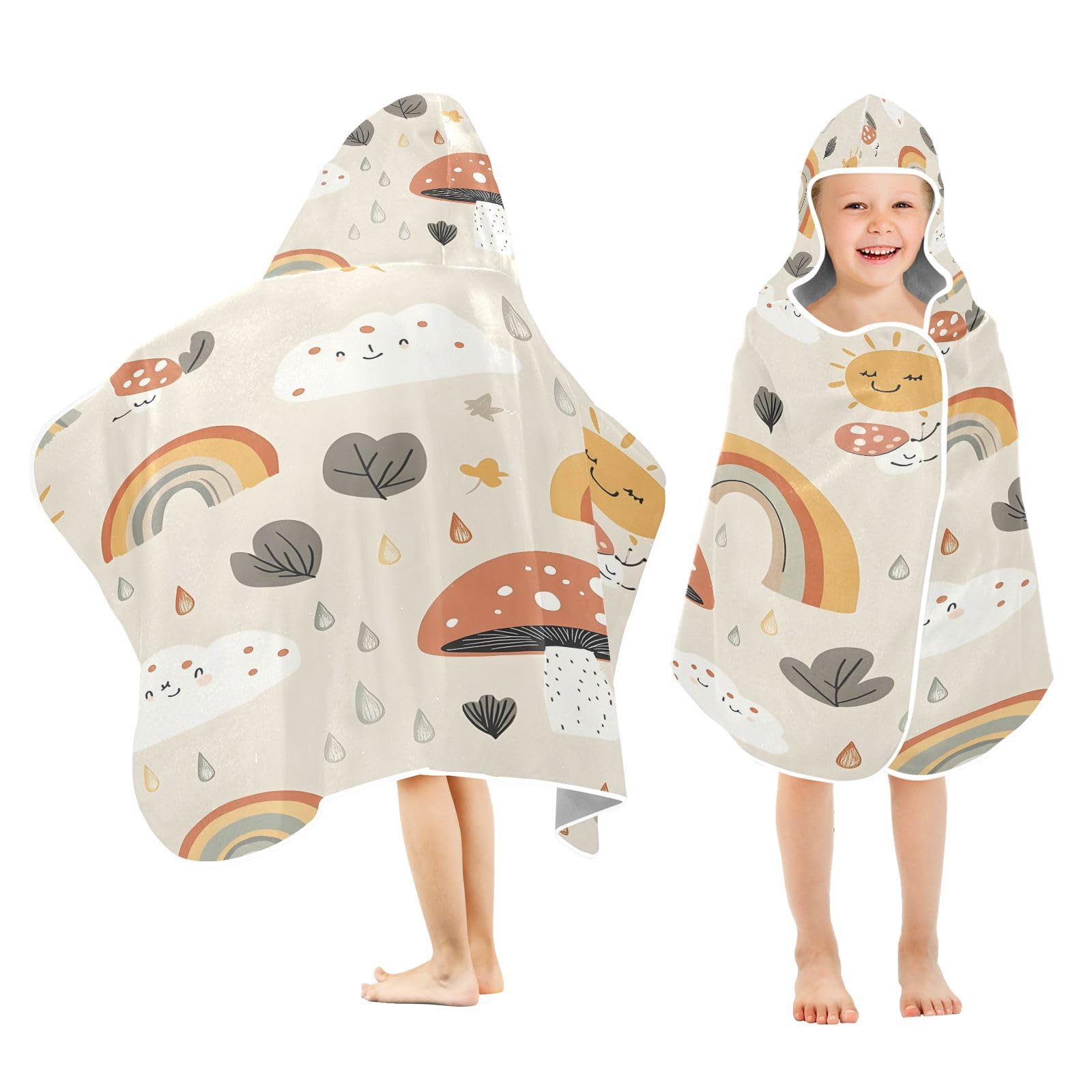 Kigai Boho Mushroom Rainbow Hooded Beach Towel for Kids Soft Absorbent Quick Dry Bath Towel with Hood Lightweight Toddler Shower Pool Bath Wrap for Boys Girls