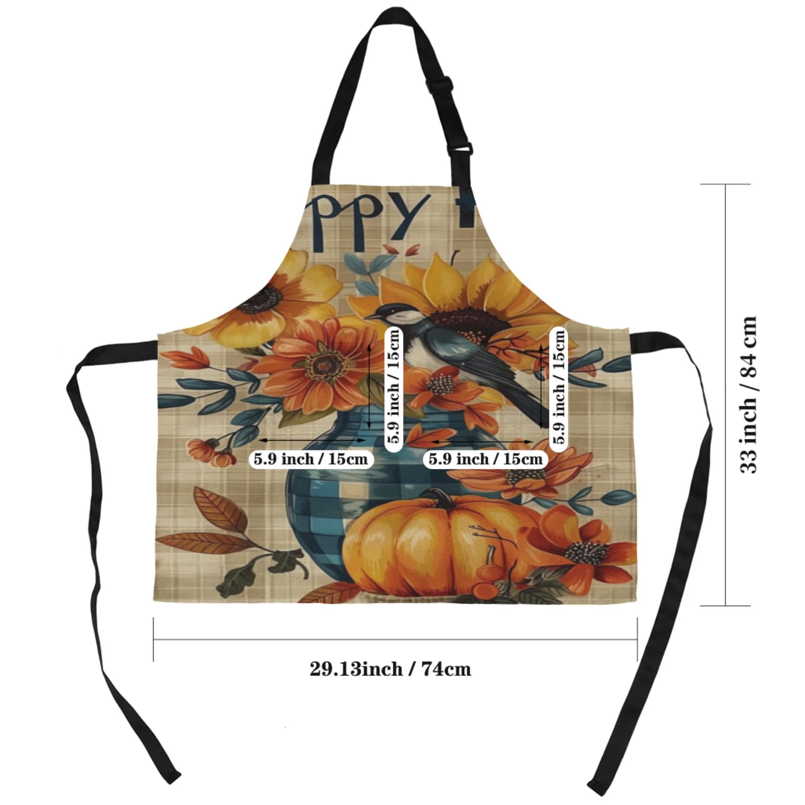 Aglebo Pumpkin Bird Flower Grid Chef Apron with Pockets Adjustable Shoulder Strap Waterproof Cooking Apron for Kitchen Baking Gardening Pottery Painting
