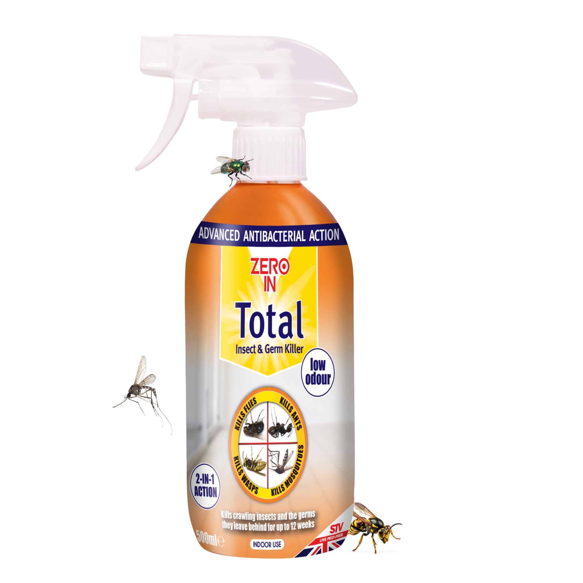 Zero In Total Insect and Germ Killer - 500 ml Anti-Bacterial Insecticidal Spray Protects up to 12-Weeks Kills Flies, Ants, Wasps, Mosquitos, Cockroaches, Flying and Crawling Insects, and their germs