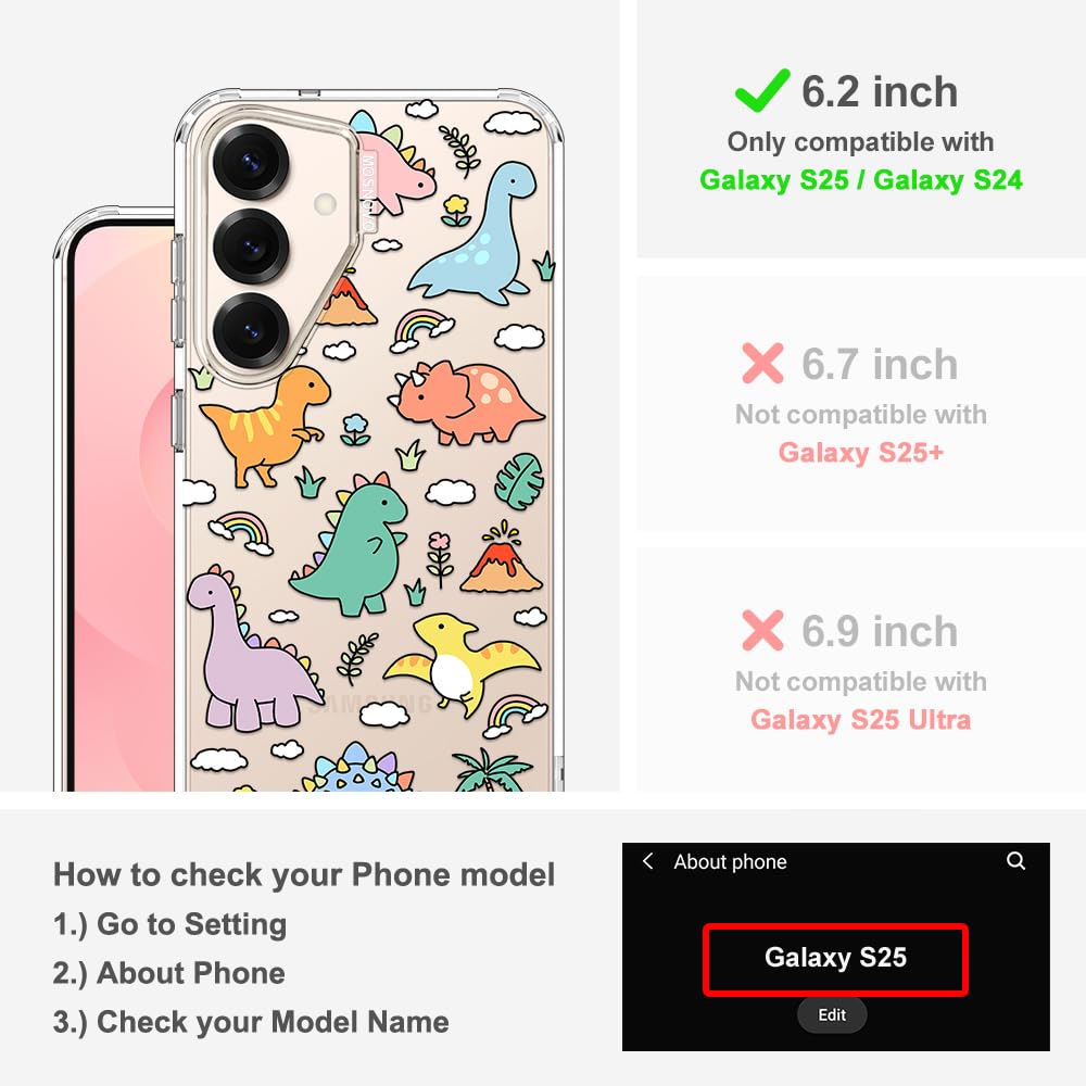 MOSNOVO Case for Samsung Galaxy S25 / Galaxy S24, [Buffertech 6.6ft Military-Grade Drop Protection] [Anti Peel Off Tech] Clear TPU Bumper Phone Case Cover Design - Dinosaur Land - 2