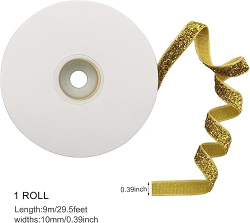 Miniatura 2 de Cinta de terciopelo dorado con purpurina de 0.4 pulgadas x 30 pies, cinta con alambre de terciopelo dorado con purpurina para envolver regalos,