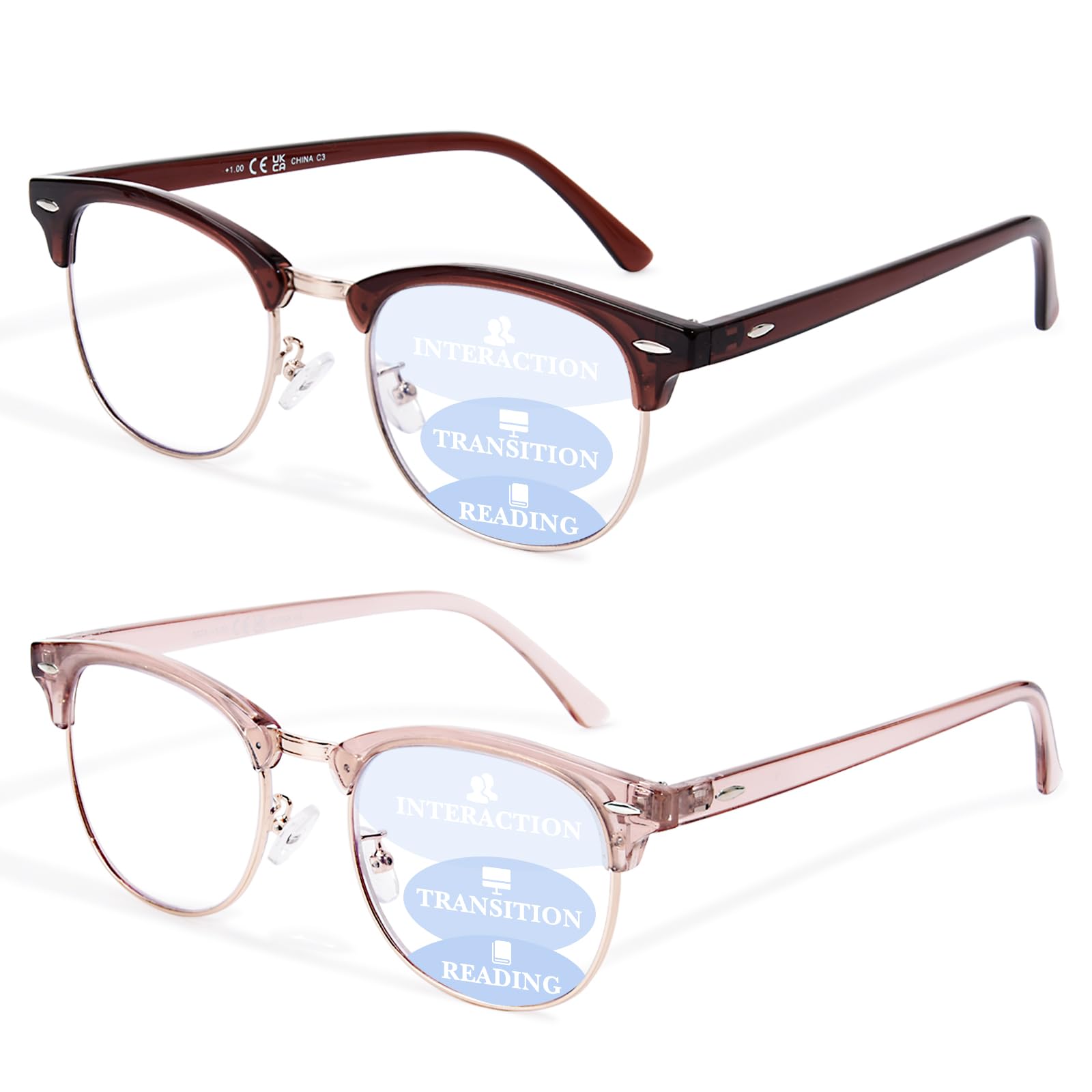 OPTOFENDY Progressive Multifocal Reading Glasses for Women Men Square Blue Light Blocking Classic Half Frame Computer Readers